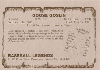 1983 Cramer Baseball Legends Series 4 #104 Goose Goslin Back