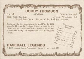 1983 Cramer Baseball Legends Series 4 #115 Bobby Thomson Back