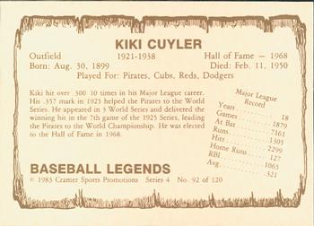 1983 Cramer Baseball Legends Series 4 #92 Kiki Cuyler Back