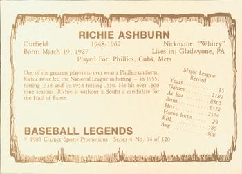 1983 Cramer Baseball Legends Series 4 #94 Richie Ashburn Back