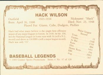1983 Cramer Baseball Legends Series 4 #97 Hack Wilson Back