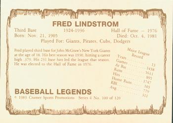 1983 Cramer Baseball Legends Series 4 #100 Fred Lindstrom Back