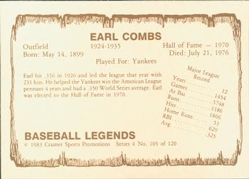 1983 Cramer Baseball Legends Series 4 #105 Earle Combs Back