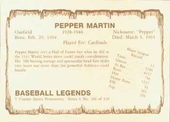 1983 Cramer Baseball Legends Series 4 #106 Pepper Martin Back
