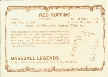 1983 Cramer Baseball Legends Series 4 #109 Red Ruffing Back