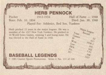 1983 Cramer Baseball Legends Series 4 #111 Herb Pennock Back