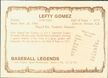 1983 Cramer Baseball Legends Series 4 #117 Lefty Gomez Back
