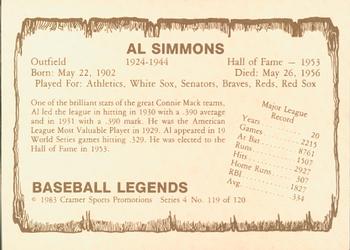 1983 Cramer Baseball Legends Series 4 #119 Al Simmons Back