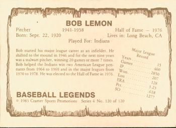 1983 Cramer Baseball Legends Series 4 #120 Bob Lemon Back