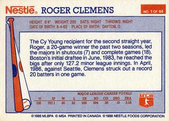 1988 Nestle Dream Team #1 Roger Clemens Back