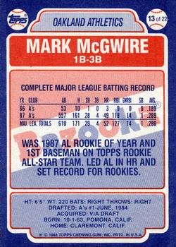 1988 Topps Bazooka #13 Mark McGwire Back