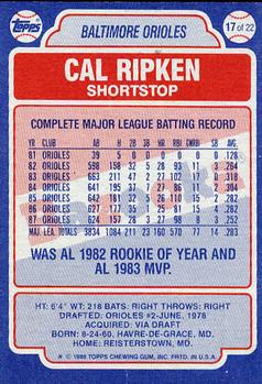 1988 Topps Bazooka #17 Cal Ripken Back