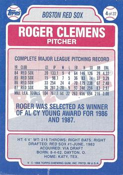 1988 Topps Bazooka #4 Roger Clemens Back