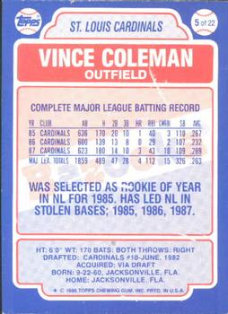 1988 Topps Bazooka #5 Vince Coleman Back
