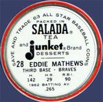 1963 Salada/Junket Coins #28 Eddie Mathews Back