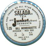 1963 Salada/Junket Coins #35 Bill Monbouquette Back
