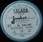 1963 Salada/Junket Coins #63 Al Kaline Back