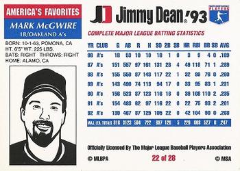 1993 Jimmy Dean #22 Mark McGwire Back