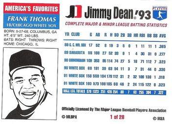 1993 Jimmy Dean #1 Frank Thomas Back