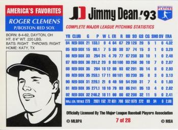 1993 Jimmy Dean #7 Roger Clemens Back