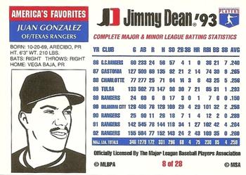 1993 Jimmy Dean #8 Juan Gonzalez Back