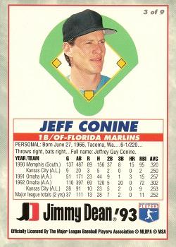 1993 Jimmy Dean Rookies #3 Jeff Conine Back