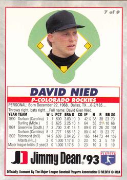 1993 Jimmy Dean Rookies #7 David Nied Back