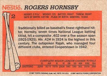 1987 Topps Nestle All Time Dream Team #2 Rogers Hornsby Back