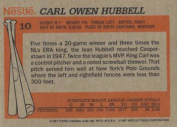 1987 Topps Nestle All Time Dream Team #10 Carl Hubbell Back