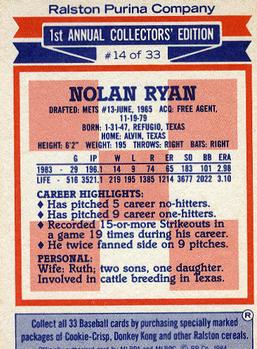 1984 Topps Ralston Purina #14 Nolan Ryan Back