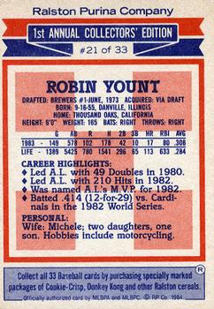 1984 Topps Ralston Purina #21 Robin Yount Back