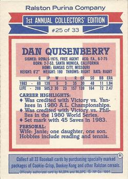 1984 Topps Ralston Purina #25 Dan Quisenberry Back