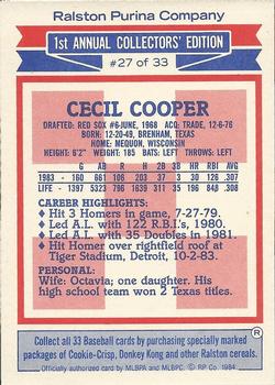 1984 Topps Ralston Purina #27 Cecil Cooper Back