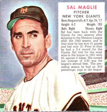 1952 Red Man #NL14 Sal Maglie Front