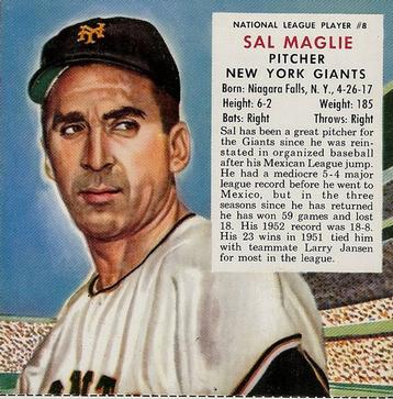 1953 Red Man #NL8 Sal Maglie Front