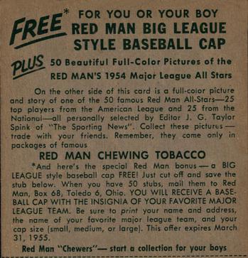 1954 Red Man #NL9 Del Rice Back