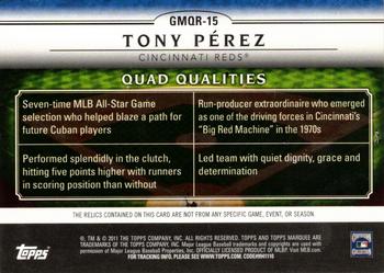 2011 Topps Marquee - Gametime Mementos Quad Relics #GMQR-15 Tony Perez Back