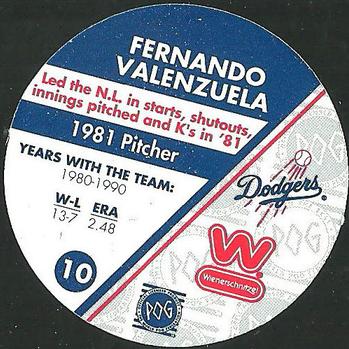 1995 Weinerschnitzel Dodgers Rookie of the Year Pogs #10 Fernando Valenzuela Back