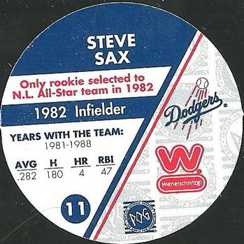 1995 Weinerschnitzel Dodgers Rookie of the Year Pogs #11 Steve Sax Back