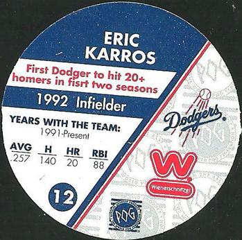 1995 Weinerschnitzel Dodgers Rookie of the Year Pogs #12 Eric Karros Back