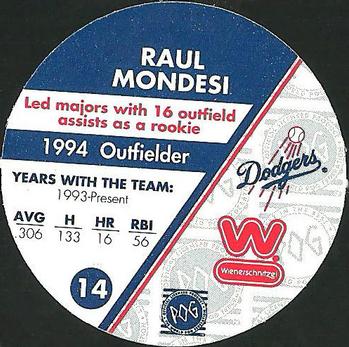 1995 Weinerschnitzel Dodgers Rookie of the Year Pogs #14 Raul Mondesi Back