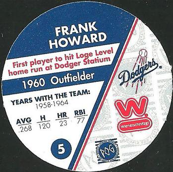 1995 Weinerschnitzel Dodgers Rookie of the Year Pogs #5 Frank Howard Back