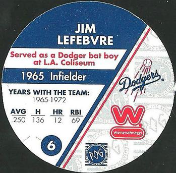 1995 Weinerschnitzel Dodgers Rookie of the Year Pogs #6 Jim Lefebvre Back