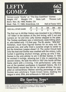 1993 Conlon Collection TSN #662 Lefty Gomez Back