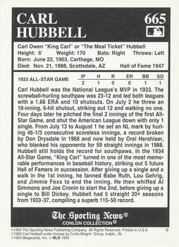 1993 Conlon Collection TSN #665 Carl Hubbell Back