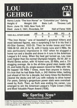 1993 Conlon Collection TSN #673 Lou Gehrig Back