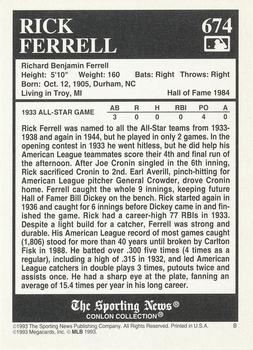 1993 Conlon Collection TSN #674 Rick Ferrell Back