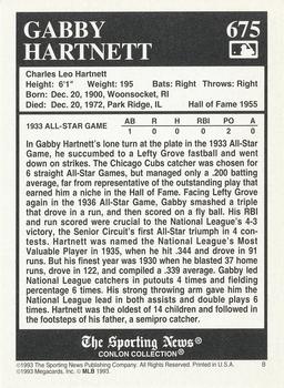 1993 Conlon Collection TSN #675 Gabby Hartnett Back