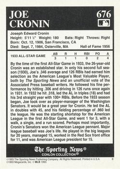 1993 Conlon Collection TSN #676 Joe Cronin Back