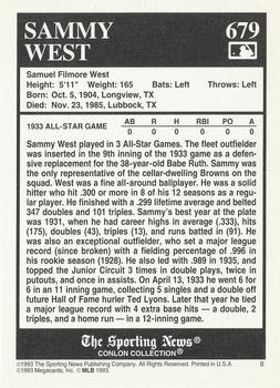 1993 Conlon Collection TSN #679 Sammy West Back